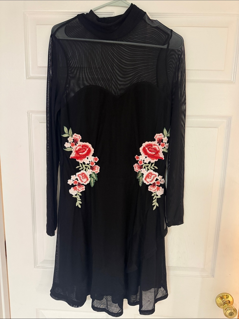Material Girl - Black Mesh Long-Sleeve Dress with Pink Floral Embroidery